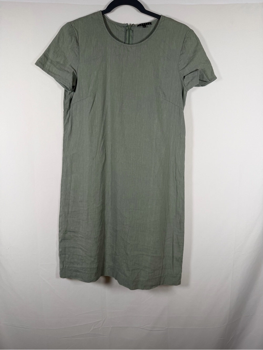 Theory Sage Green Linen Blend Short Sleeve Shift Dress